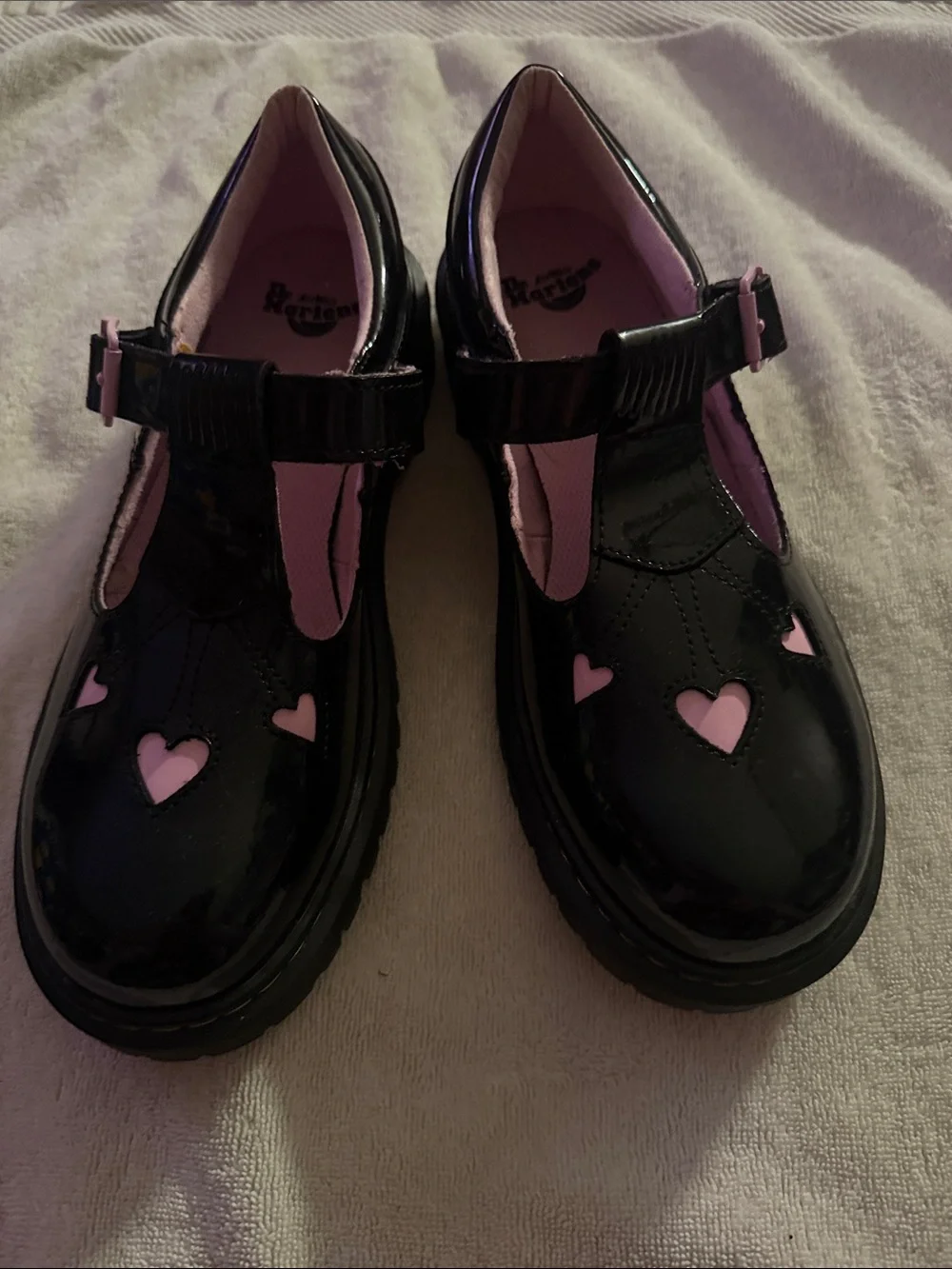 Dr. Martens women’s black Patent Mary Jane Shoes with Pink Hearts